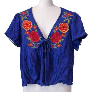 Y2k Floral Embroidered Tie Front Festival Top Small Folk Boho Layering Flutter